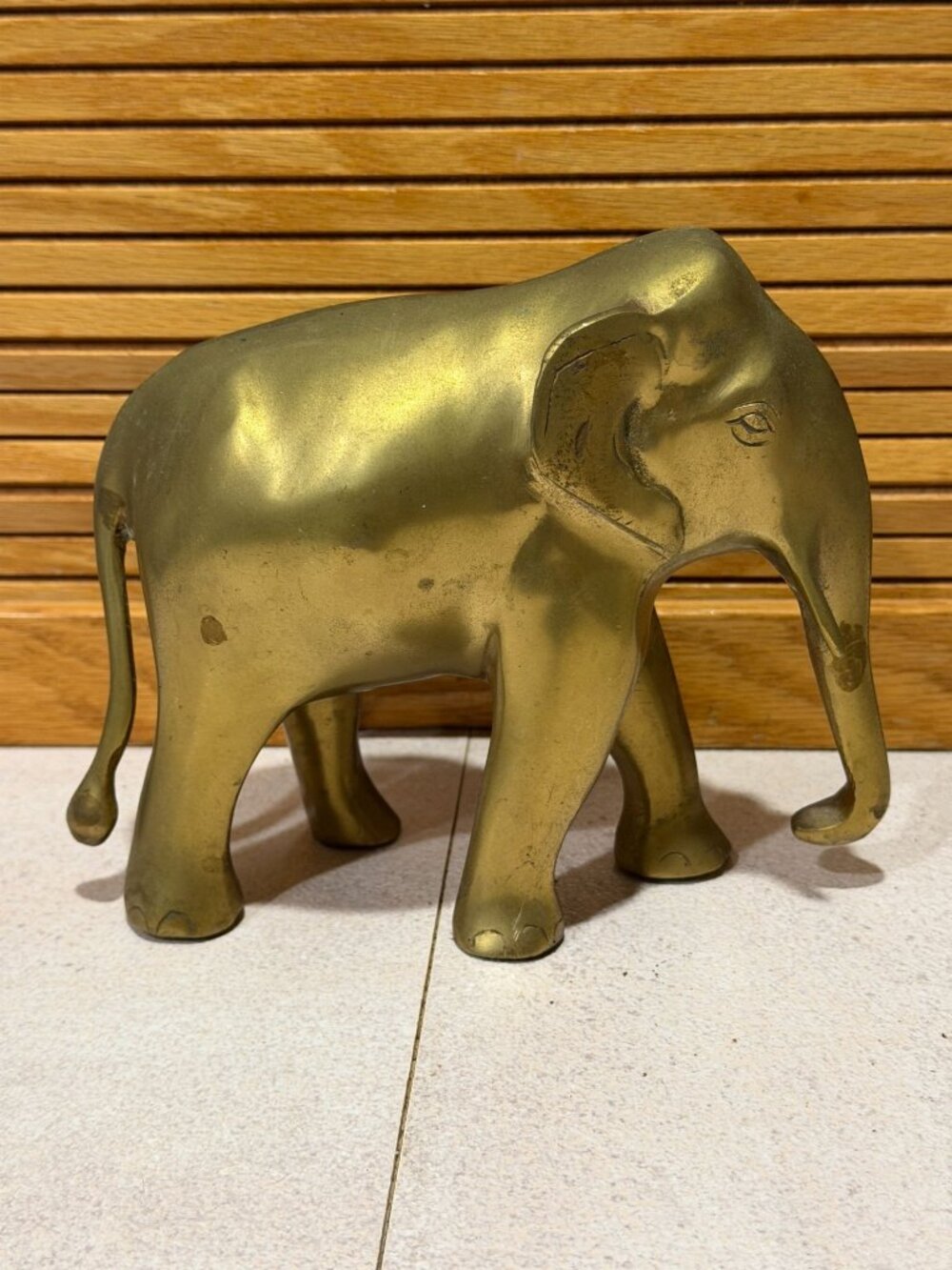Vintage Solid Brass Elephant Figurine Trunk Down 6" X 7" Made in India 1970s